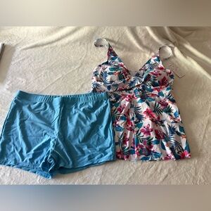 New Etosell Tankini Floral Swim Top Blue Shorts 2pc Swimsuit 4XL NWT